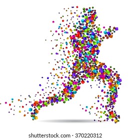 Running man.Colorful cubes particles composed vector.