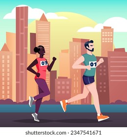 running marathon background. cartoon items for sport, running sport tourentament, male and female characters running throw the city road. vector cartoon background.