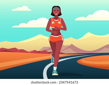 running marathon background. fitness woman running throw the city road, cartoon items for sport, running sport tourentament. vector cartoon background.