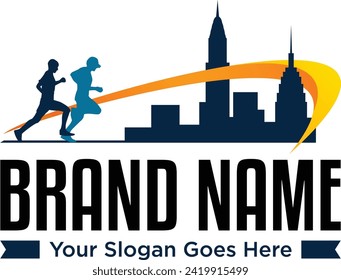 Maratón en marcha en el diseño del logo vectorial de la ilustración de la ciudad