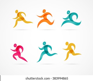 Running marathon colorful people icons and symbols