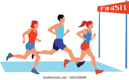 Running marathon competition. Athlete sprinter group moving to end race point. Distance jog on stadium. Sportsmen team. Finish line. Win and championship. Isolated. Vector flat cartoon illustration