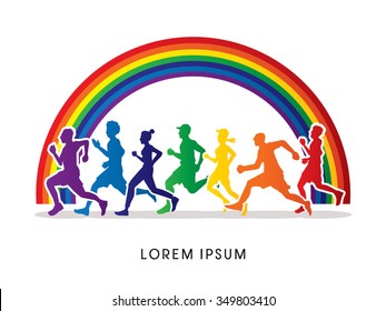 Running , Marathon designed using colorful colors on rainbow background graphic vector.