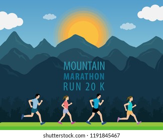 Running marathon. Landscape view and big mountains on sunshine