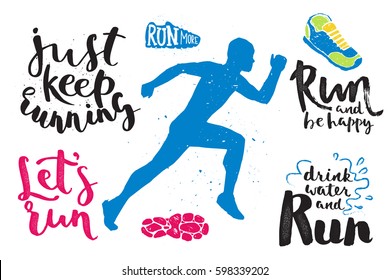 Running marathon logo jogging emblems label and fitness training athlete symbol sprint motivation badge success work isolated vector illustration.