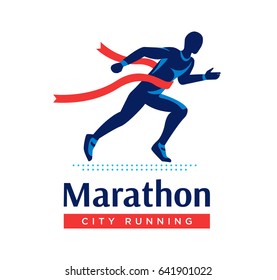 Running marathon logo or label. Runner with red ribbon. Vector flat symbol.