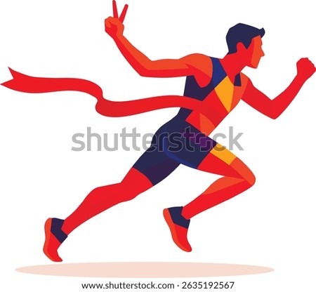 Running marathon man crossing finish line. Runner male silhouette showing gesture of victory. Vector illustration on white background.
