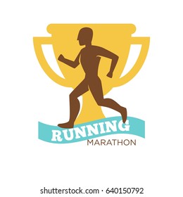 Running marathon man on background of golden reward cup logotype
