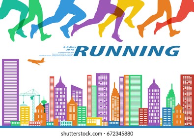 Running marathon people colorful illustration, city background.