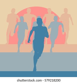 Running marathon people group vector illustration background with sunset