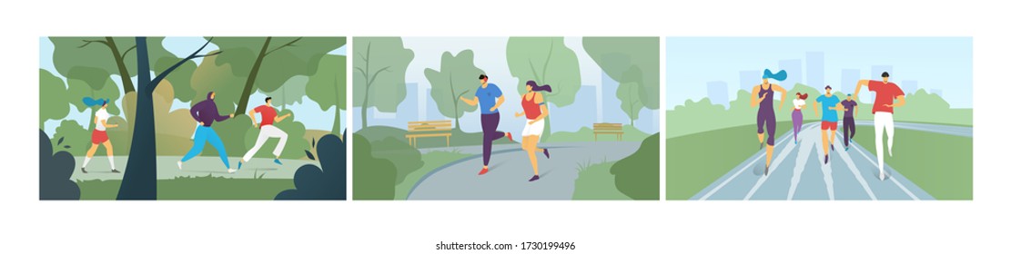 Running marathon people, jogging, doing sport excercise, competition set of flat vector illustrations banners. Runners in park, outdoor motion and healthy lifestyle, speed run for active people.