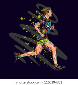 Running marathon, people man run, colorful poster. Vector illustration hand drawin sketch art design poster