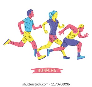 Running marathon, people run, colorful poster. Vector illustration