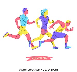 	
Running marathon, people run, colorful poster. Vector illustration