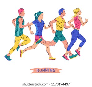 Running marathon, people run, colorful poster. Vector illustration
