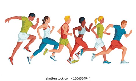 	
Running marathon, people run, colorful poster. Vector illustration