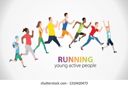 Running marathon people run colorful poster. Vector illustration. City competition