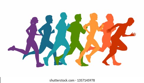 	
Running marathon, people run, colorful poster. Vector illustration background silhouette 