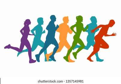 	
Running marathon, people run, colorful poster. Vector illustration background silhouette 