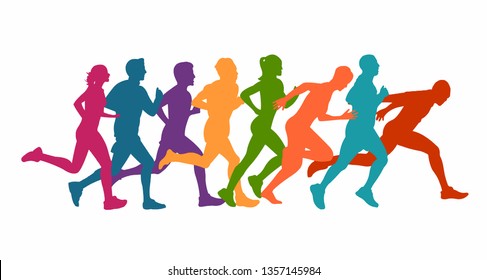 	
Running marathon, people run, colorful poster. Vector illustration background silhouette 