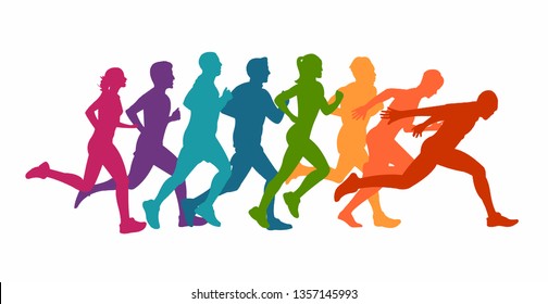 	
Running marathon, people run, colorful poster. Vector illustration background silhouette 