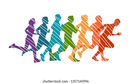 	
Running marathon, people run, colorful poster. Vector illustration background silhouette 