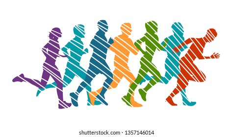 	
Running marathon, people run, colorful poster. Vector illustration background silhouette 