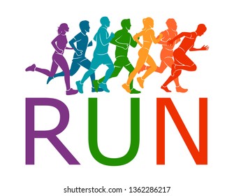Running marathon, people run, colorful poster. Vector illustration background silhouette sport