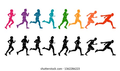 Running marathon, people run, colorful poster. Vector illustration background silhouette sport