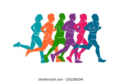 Running marathon, people run, colorful poster. Vector illustration background silhouette sport