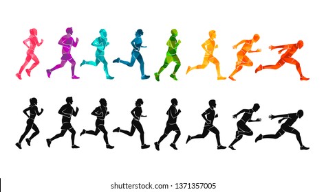 Corriendo maratón, la gente corre, colorido afiche. Deporte de silueta de fondo de ilustración de vector