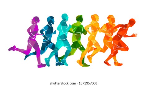 Running marathon, people run, colorful poster. Vector illustration background silhouette sport