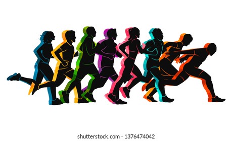 Running marathon, people run, colorful poster. Vector illustration background silhouette sport