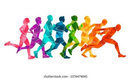 Running marathon, people run, colorful poster. Vector illustration background silhouette sport