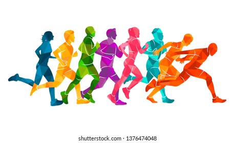 Running marathon, people run, colorful poster. Vector illustration background silhouette sport