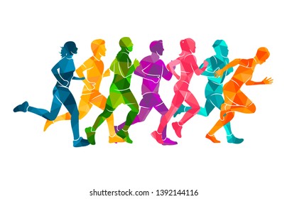 Running marathon, people run, colorful poster. Vector illustration background silhouette sport