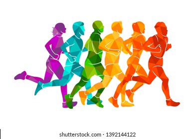 Running marathon, people run, colorful poster. Vector illustration background silhouette sport