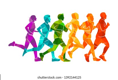 Running marathon, people run, colorful poster. Vector illustration background silhouette sport