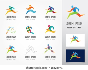 Running marathon, people run, colorful icon set