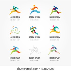Running marathon, people run, colorful icon set