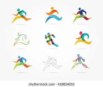 Running marathon, people run, colorful icon set