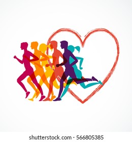 Running marathon, people run, colorful baner