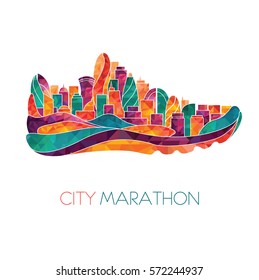 Running marathon, people run, colorful poster. City marathon.  Vector illustration