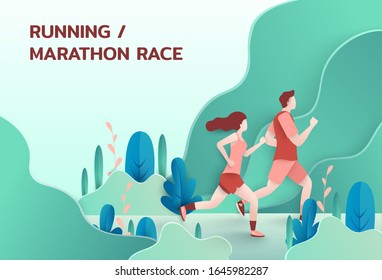 Running marathon, people run, Vector concept illustration of running men and women sports background. Creative landing page design template, web banner.