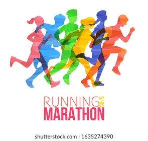 Running marathon poster with cartoon runner people with overlapping colorful silhouettes jogging forward. Isolated flat vector illustration for sport event.