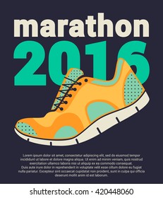 Running marathon poster. Colorful poster with sneakers and text on black background. Flat design. Sneakers isolated. Vector illustration.