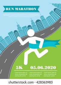 Running Marathon Poster Or Flyer With Blue  Ribbon, Vector Illustration