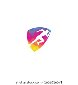 Running and Marathon shield shape concept Logo Vector Design. Running man vector symbol. Sport and competition concept.	