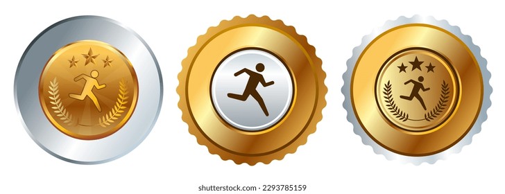 Running marathon sprint competition sport medal championship winner gold badges circle shape 