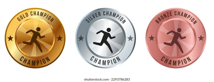 Running marathon sprint competition sport medal championship winner gold silver bronze badges circle shape 